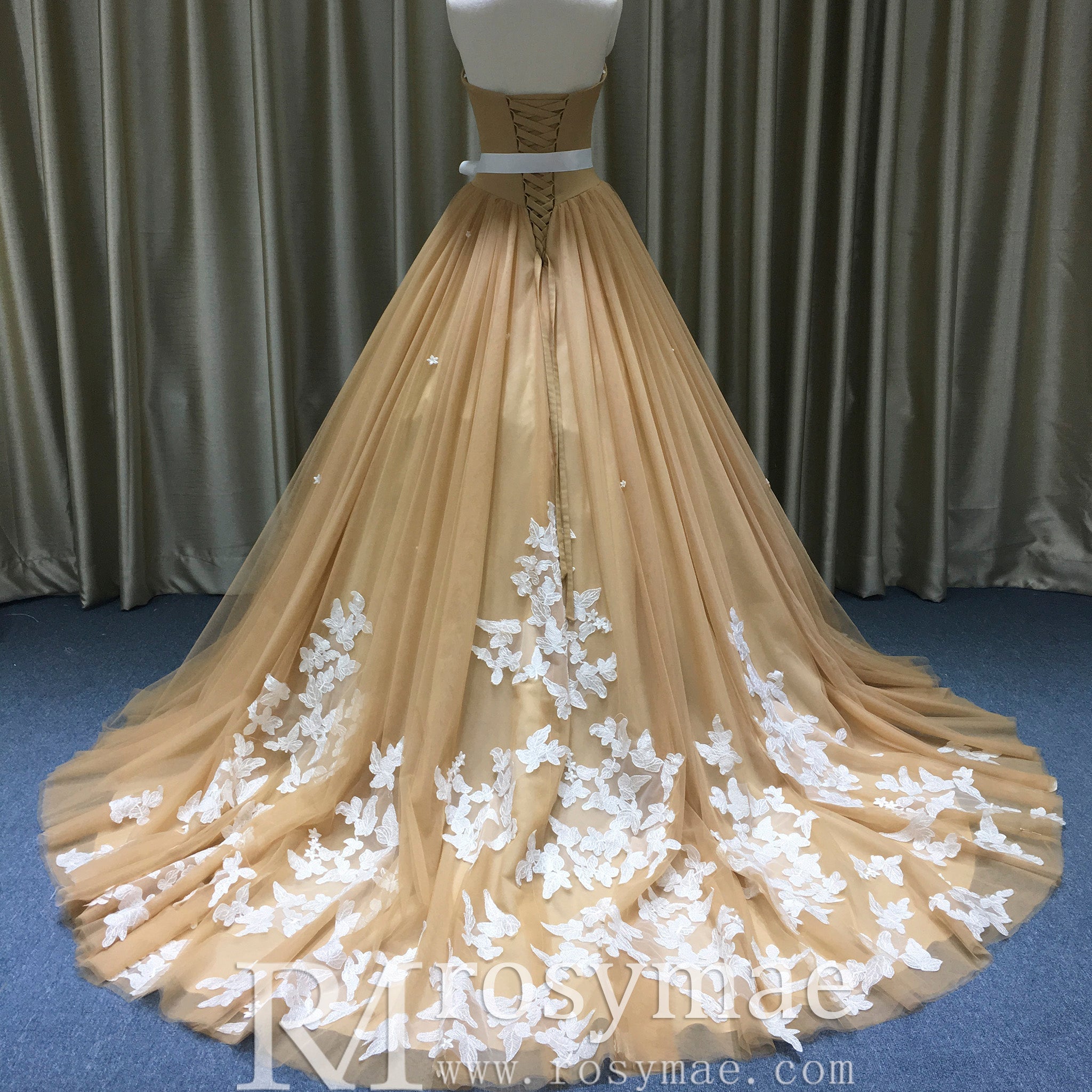 Classic Vintage Style Champagne Gold Wedding Dress with White Lace Champagne Gold / Custom Size