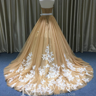 Classic Vintage Style Champagne Gold Wedding Dress with White Lace - Rosymae