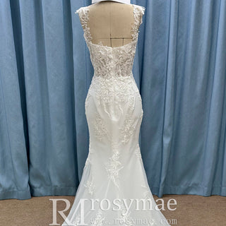 Classic Vintage Vneck Lace Mermaid Wedding Dress with Sheer Bodice - Rosymae