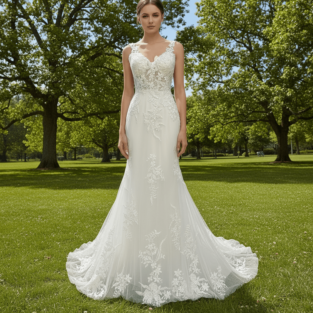 Classic Vintage Vneck Lace Mermaid Wedding Dress with Sheer Bodice - Rosymae