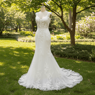 Classic Vintage Vneck Lace Mermaid Wedding Dress with Sheer Bodice - Rosymae