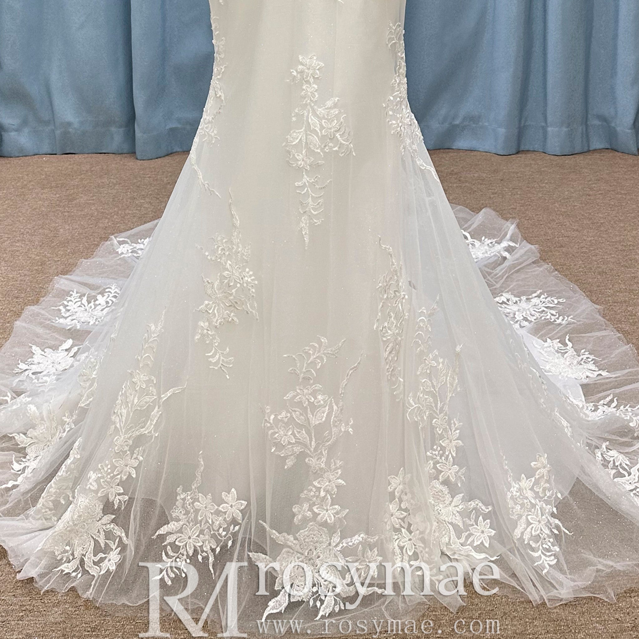 Classic Vintage Vneck Lace Mermaid Wedding Dress with Sheer Bodice - Rosymae