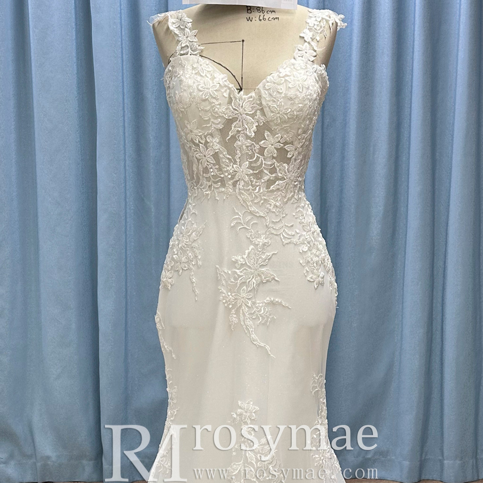 Classic Vintage Vneck Lace Mermaid Wedding Dress with Sheer Bodice - Rosymae