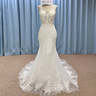 Classic Vintage Vneck Lace Mermaid Wedding Dress with Sheer Bodice - Rosymae