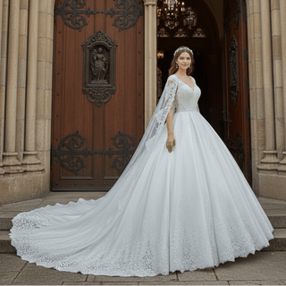 Classic Vneck Ball Gown Wedding Dress with Long Cape & Train - Rosymae