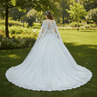 Classic Vneck Ball Gown Wedding Dress with Long Cape & Train - Rosymae