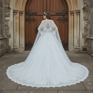 Classic Vneck Ball Gown Wedding Dress with Long Cape & Train - Rosymae