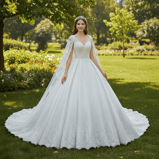 Classic Vneck Ball Gown Wedding Dress with Long Cape & Train - Rosymae