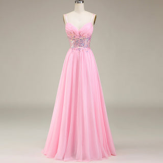 Classic Vneck Pink Tulle A Line Long Prom Dress with Spaghetti Straps - Rosymae