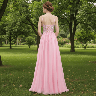 Classic Vneck Pink Tulle A Line Long Prom Dress with Spaghetti Straps - Rosymae