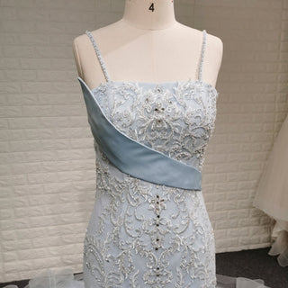 Classy & Elegant Blue Trumpet Wedding Dress with Spaghetti Strap - Rosymae