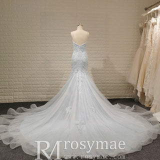 Classy & Elegant Blue Trumpet Wedding Dress with Spaghetti Strap - Rosymae