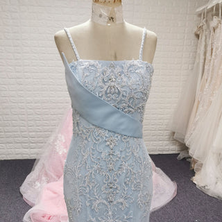Classy & Elegant Blue Trumpet Wedding Dress with Spaghetti Strap - Rosymae