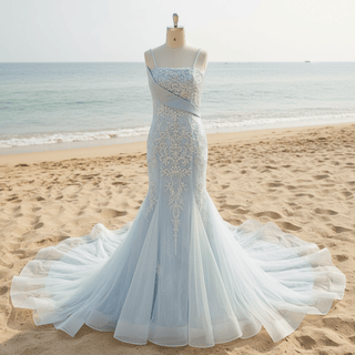 Classy & Elegant Blue Trumpet Wedding Dress with Spaghetti Strap - Rosymae