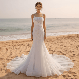 Classy & Elegant Blue Trumpet Wedding Dress with Spaghetti Strap - Rosymae