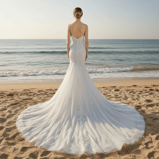 Classy & Elegant Blue Trumpet Wedding Dress with Spaghetti Strap - Rosymae