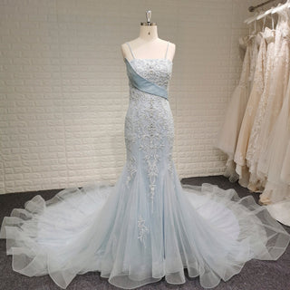 Classy & Elegant Blue Trumpet Wedding Dress with Spaghetti Strap - Rosymae