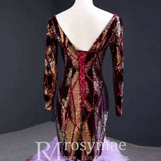Colored Mermaid Prom Dress Sequins Long Sleeves Evening Dress - Rosymae
