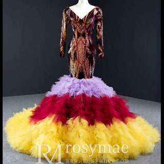 Colored Mermaid Prom Dress Sequins Long Sleeves Evening Dress - Rosymae