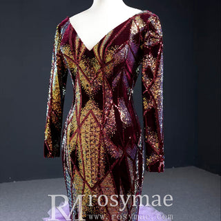Colored Mermaid Prom Dress Sequins Long Sleeves Evening Dress - Rosymae