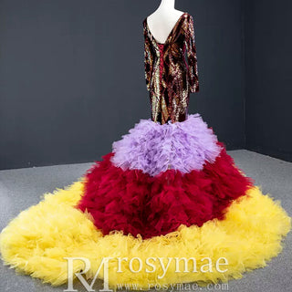 Colored Mermaid Prom Dress Sequins Long Sleeves Evening Dress - Rosymae
