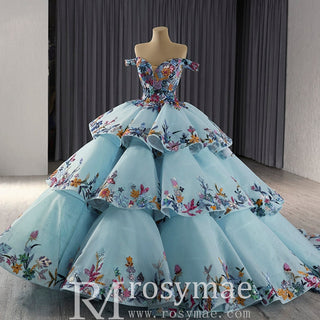 Colored Multi Layer Puffy Skirt Quinceanera Dress with Off the Shoulder - Rosymae