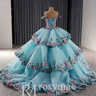 Colored Multi Layer Puffy Skirt Quinceanera Dress with Off the Shoulder - Rosymae