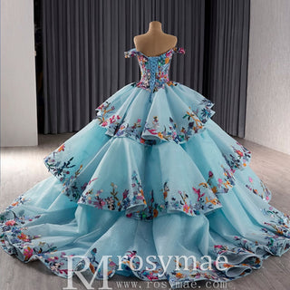 Colored Multi Layer Puffy Skirt Quinceanera Dress with Off the Shoulder - Rosymae