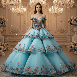 Colored Multi Layer Puffy Skirt Quinceanera Dress with Off the Shoulder - Rosymae