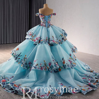 Colored Multi Layer Puffy Skirt Quinceanera Dress with Off the Shoulder - Rosymae