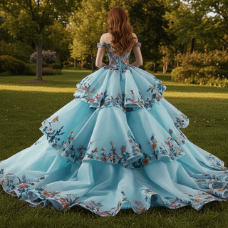 Colored Multi Layer Puffy Skirt Quinceanera Dress with Off the Shoulder - Rosymae