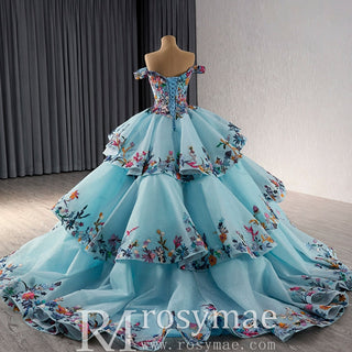 Colored Multi Layer Puffy Skirt Quinceanera Dress with Off the Shoulder - Rosymae
