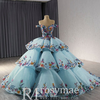Colored Multi Layer Puffy Skirt Quinceanera Dress with Off the Shoulder - Rosymae