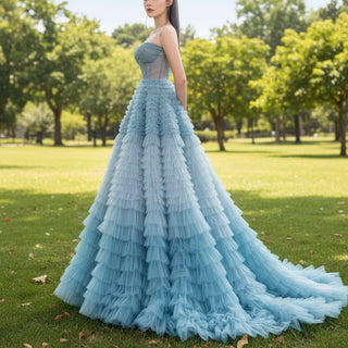Colored Ruched Tulle Beach Wedding Dress with Sheer Bodice - Rosymae