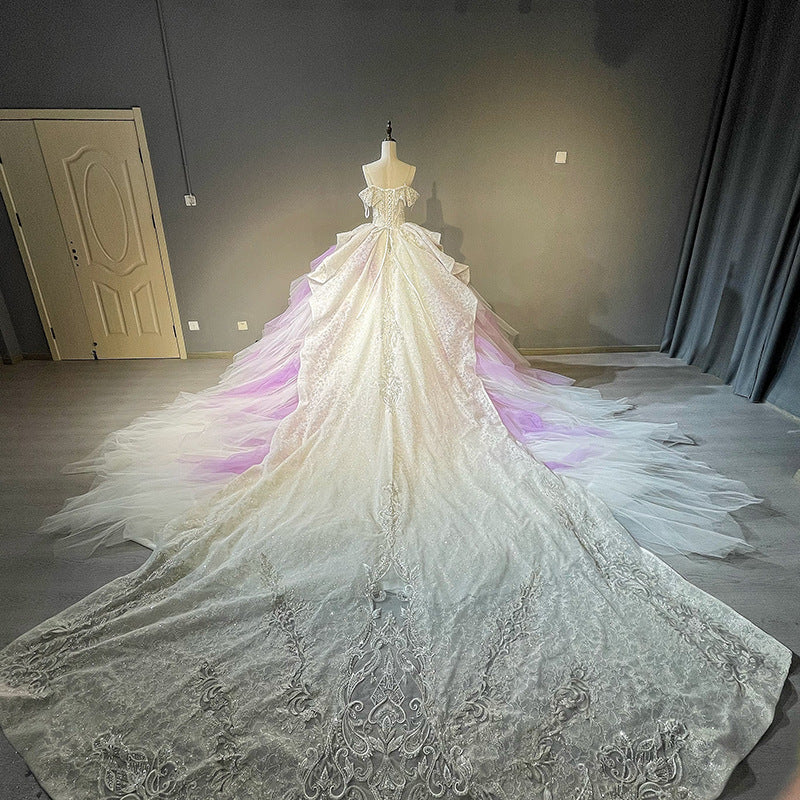Colored Big and Puffy Skirt Wedding Dress with Long Train Ivory-Lilac / 18 Colored Big and Puffy Skirt Wedding Dress with Long Train Ivory-Lilac / 18