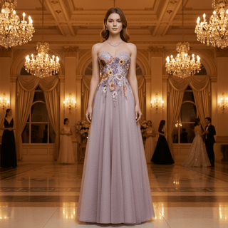 Colorful Embroidered A-Line Dress with Glitter Tulle Skirt and Cascading Wildflower Motifs - Rosymae