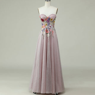 Colorful Embroidered A-Line Dress with Glitter Tulle Skirt and Cascading Wildflower Motifs - Rosymae