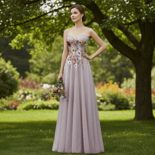 Colorful Embroidered A-Line Dress with Glitter Tulle Skirt and Cascading Wildflower Motifs - Rosymae