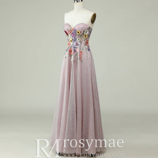 Colorful Embroidered A-Line Dress with Glitter Tulle Skirt and Cascading Wildflower Motifs - Rosymae