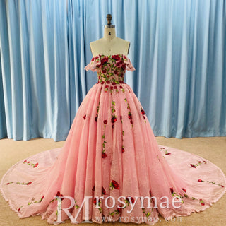 Colourful Embroidery Floral Rose Wedding Dress Quinceanera Party Gown - Rosymae