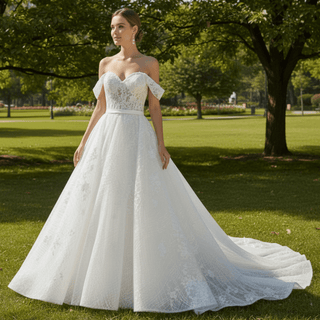 Convertible Off Shoulder Sweetheart Sparkly Ballgown Wedding Dress - Rosymae