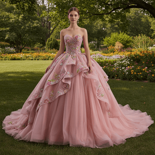 Convertible Quinceañera Dress with Lace-Up Back 3D Floral Appliqués & Tiered Tulle Skirt - Rosymae