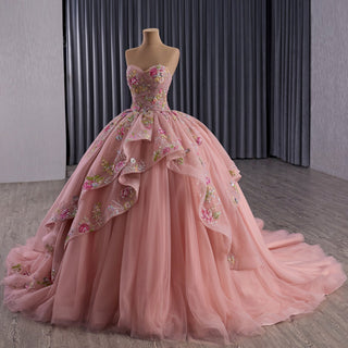 Convertible Quinceañera Dress with Lace-Up Back 3D Floral Appliqués & Tiered Tulle Skirt - Rosymae