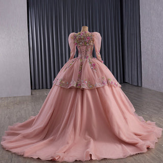 Convertible Quinceañera Dress with Lace-Up Back 3D Floral Appliqués & Tiered Tulle Skirt - Rosymae