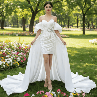 Convertible Short Above Knee Wedding Dress with Detachable Train - Rosymae