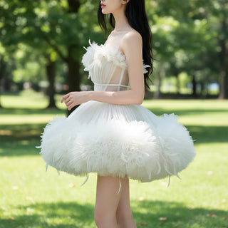 Convertible Strapless Multi-Level Tulle Wedding Dress with Feathers - Rosymae