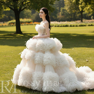 Convertible Strapless Multi-Level Tulle Wedding Dress with Feathers - Rosymae
