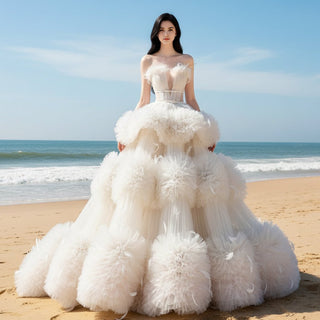 Convertible Strapless Multi-Level Tulle Wedding Dress with Feathers Champagne / 24W