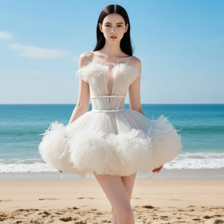 Convertible Strapless Multi-Level Tulle Wedding Dress with Feathers - Rosymae