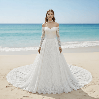 Corset-Bodice Floral Lace Wedding Dress with Detachable Sleeves & Voluminous Skirt - Rosymae